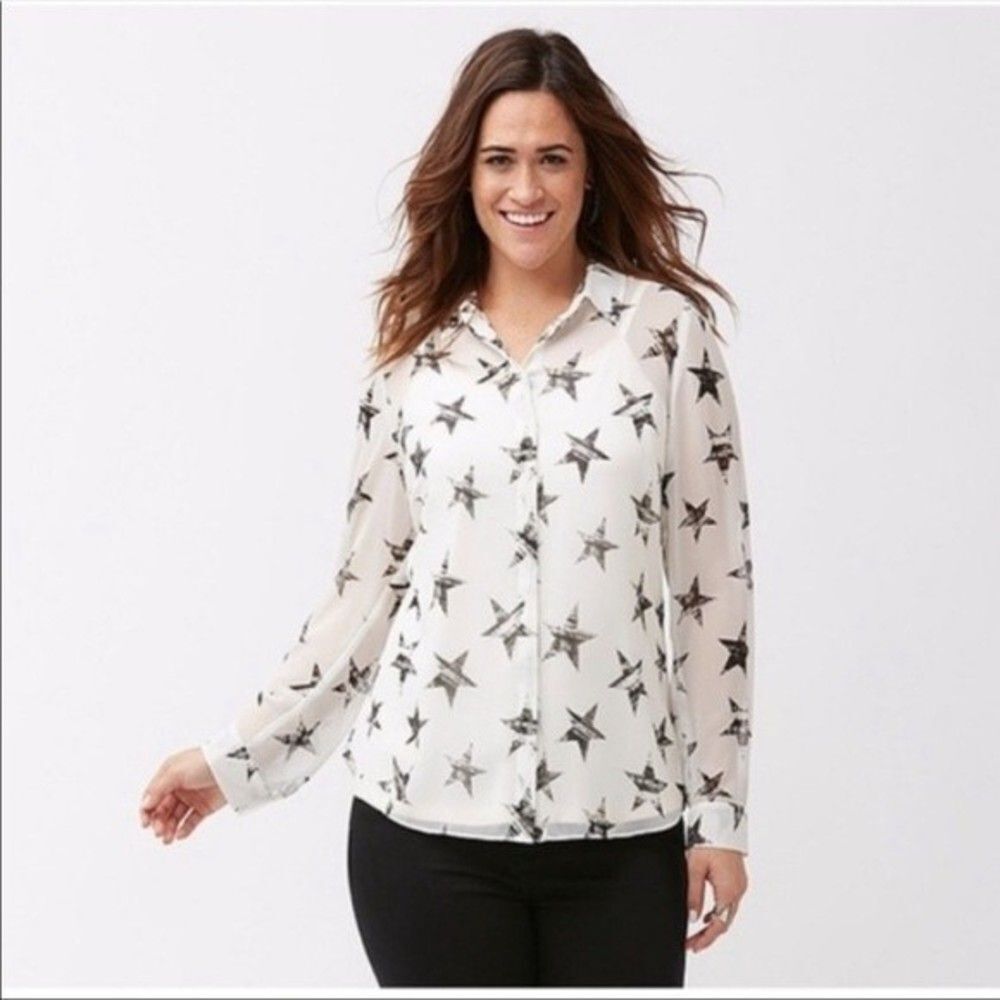 Lane Bryant Star Sheer Button Down Blouse New Condition 14 / 16 Black&White